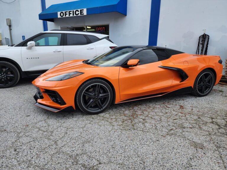 2024 Orange C-8 Corvette collision repair at Automotive Enterprise, San Carlos CA – photo 2